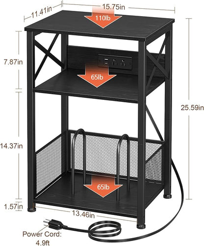 AMHANCIBLE Record Player Stand with Charging Station, Turntable Stand with Storage Cabinet, 3 Tier End Table Hold Up to 100 Albums, Record Stand for Vinyl, Living Room, Black, HETCD01BK-1