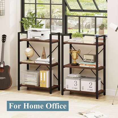 BON AUGURE 3 Tier Industrial Bookshelf, Office Small Open Book Shelf for Small Space, Short Narrow Wooden Etagere Bookcase for Living Room, Bedroom and Kitchen (Rustic Oak)