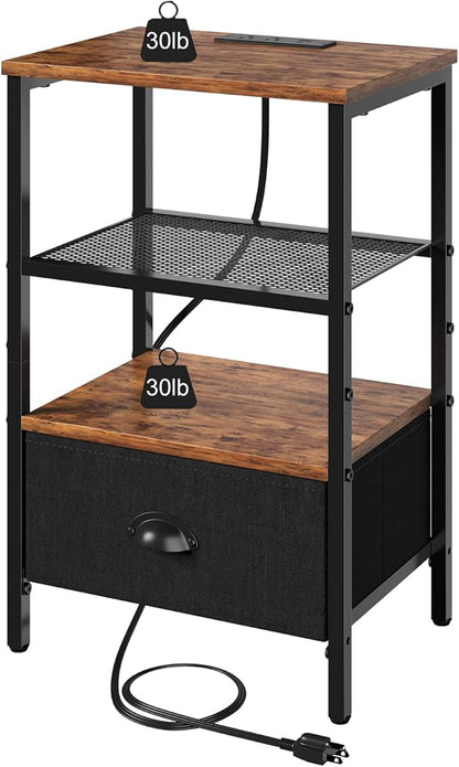 Sthmec Nightstands Set of 2, LED Bedside Tables with Charging Station and Fabric Drawer, Night Stand with Storage, 3 Tier Side Table with Open Shelf, LED Nightstands with Charging Station,Rustic Brown