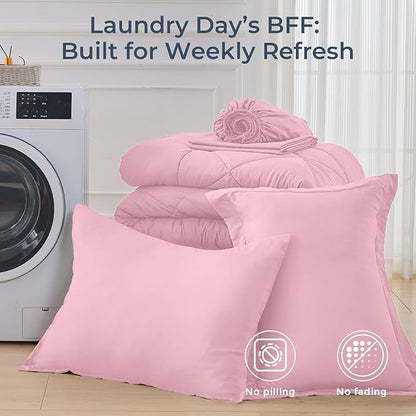 HEVUMYI Pink Twin-XL Comforter Set - 5-Piece All Season Bed in a Bag Twin-XL, Ultra Soft Bedding Set with Comforter, Flat Sheet, Fitted Sheet, Pillowcases, Pillow Shams, Pink