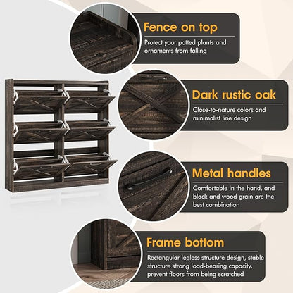 Maupvit Large Shoe Storage Cabinet with 6 Flip Drawers, Freestanding Shoe Organizer with Metal Handles for Entryway, Narrow Shoe Rack Cabinet, Dark Rustic Oak