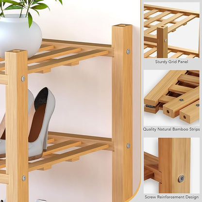 Haddockway small 6 Tier Bamboo Shoe Rack Storage Organizer,Multifunctional Free Standing Stackable Shoe Shelf with Grid Panel for Closet,Hallway,Entryway,Small Space 18"x11"x34"(Natural, 6-Tier Small)