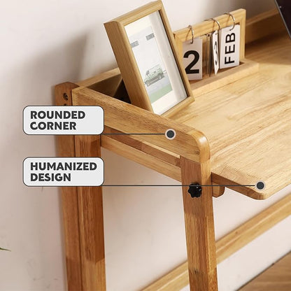 Solid Wood Folding Desk Mid Century Modern Table, 55'' Foldable Writing Computer Desk for Home Office, Simple Study Makeup Workstation, Wooden Study Office Desk Table for Small Spaces, Natural Color