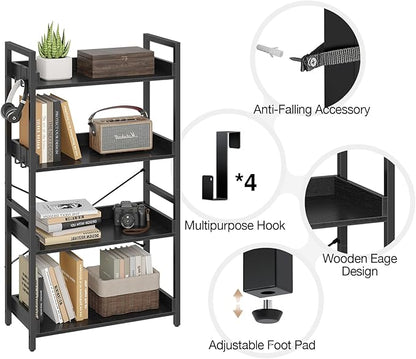 Rolanstar Bookshelf 4 Tier with 4 Hooks, Industrial Bookcase, Vintage Storage Rack with Open Shelves, Rustic Standing Bookshelves Metal Frame Display Rack for Living Room, Bedroom, Black