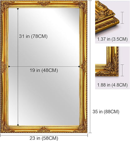 35" x 23" Large Antique Mirror, Gold Vintage Wall Mirror with Baroque Wood Frame for Elegant Victorian Living Room, Ornate Entryway Over Console