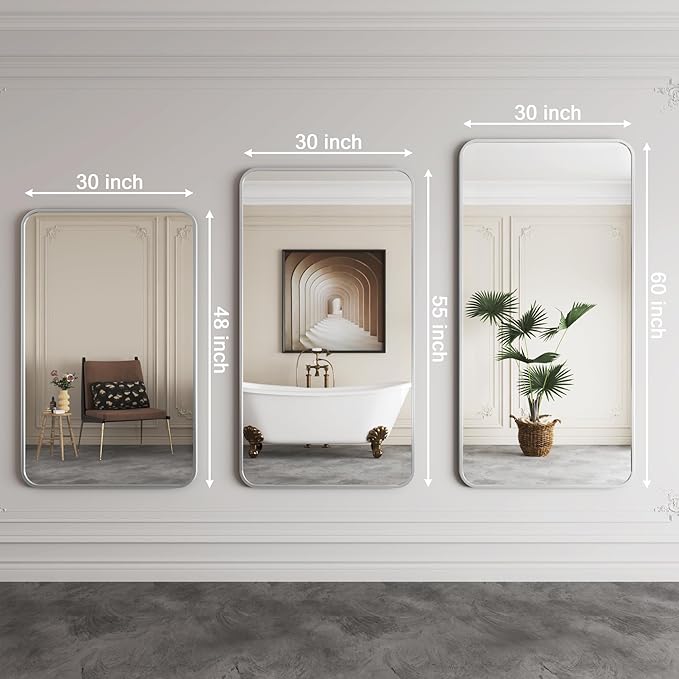 30x55 Wall-Mounted Mirrors,Silver Bathroom Mirror,Mirror for Bathroom,Espejo para baño,Bathroom Mirrors Pair,Bathroom Vanity Mirror