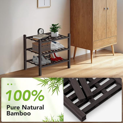 Haddockway small 3 Tier Bamboo Shoe Rack Storage Organizer, Multifunctional Free Standing Stackable Shoe Shelf with Grid Panel for Closet,Hallway,Entryway,Small Space 18"x11"x17"(Brown, 3-Tier(Small))