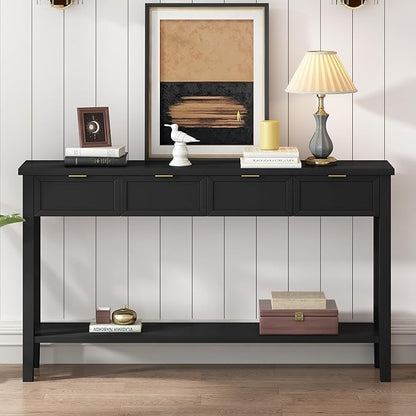 Ball & Cast 60“ Contemporary 4 Drawers Console Table, Long Narrow Entryway-Table with Drawer & Shelf, Modern Storage Sofa Tables, Farmhouse Wood Couch-Tables for Entrance Hallway Living,Black