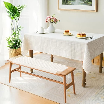 Solid Wood Entryway Bench, Wooden Dining Benches for 2, End of Bed Bench w/Hand-Woven Rope for Bedroom Kitchen Dining Room Living Room Entry Décor (White Rope, 31.49" L)