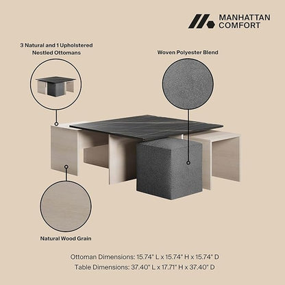 Manhattan Comfort Haley Mid Century Modern Coffee Table & Ottoman Set with Nested Design for Small Spaces, Versatile Living Room Furniture, Accent Decor, White and Black Marble