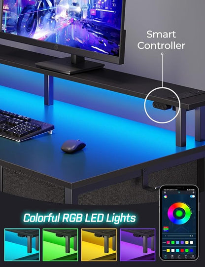 Seventable Computer Desk with Power Outlets & LED Light, 47 inch Home Office Desk with 5 Drawers, Writing Desk with Monitor Stand, Work Desk for Home Office, Black