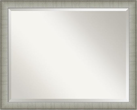 Amanti Art Silver Bathroom Mirror for Over Sink, 25x31 Elegant Brushed Pewter Narrow Rectangle Vanity Mirror, Large Casual Frame, Hangs Horizonally and Vertically, Bathroom Wall Decor, Beveled Edge