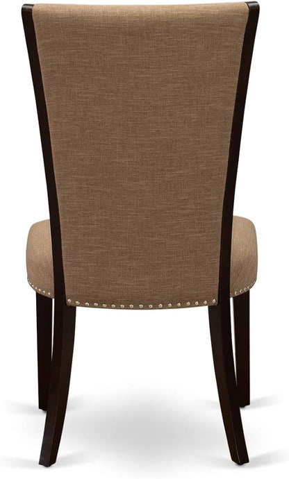 East West Furniture ANVE3-MAH-47 3 Piece Dining Table Set for Small Spaces Contains a Round Kitchen Table with Pedestal and 2 Light Sable Linen Fabric Parson Chairs, 36x36 Inch, Linen White