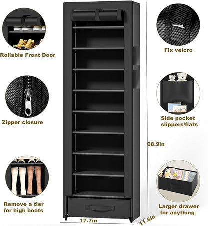 Shoes Rack 10 Tier Tall Shoe Rack Narrow Shoe Rack with Storage Box,Fabric Covered Metal Shoe Rack Organizer for Closets