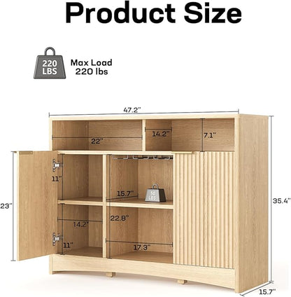 Marsail 47.2" Bar Cabinets with Storage, Modern Buffet Cabinet, Large Sideboard with 2 Fluted Panel Doors, Coffee Bar Cabinet with Adjustable Shelf and Glass Rack for Kitchen, Living Room, Natural Oak