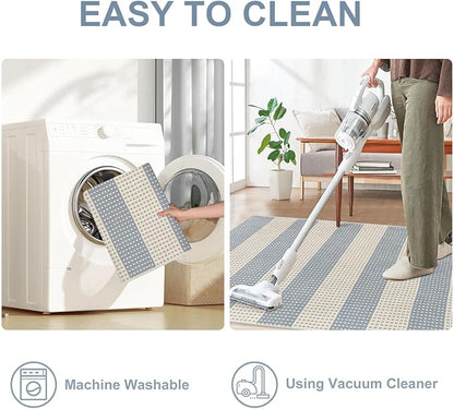 OJIA Front Door Mats Outdoor 24"x36" Machine Washable Indoor Outdoor Rugs Doormat Cotton Woven Entry Rug Striped Small Area Rugs for Front Porch/Bathroom/Farmhouse/Home Entrance (Blue/White/Tan)