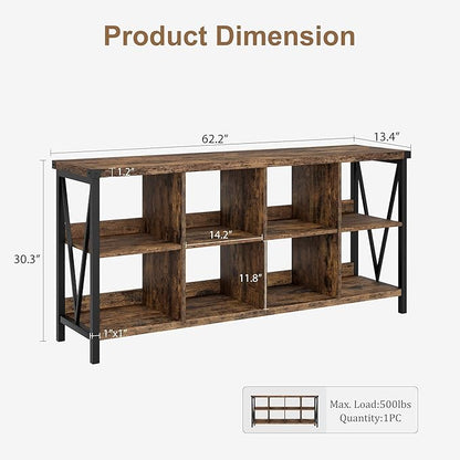 GarveeHome 8 Cube Storage Organizer Bookshelf, 3 Tier Metal Horizontal Bookcase, 62 Inch Console Bookshelf, Industrial Storage Bookcase for Entryway, Long Low Bookshelves for Living Room-Retro Brown
