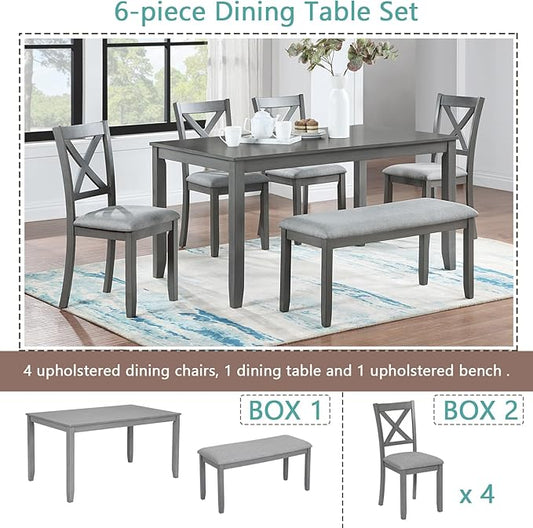 soges 6 Piece Kitchen Dining Set, Rectangular Wooden Dining Table with 4 Upholstered Chairs and a Bench, Dining Table Set for 6 People, Living Room, Home Bar and Kitchen, Gray
