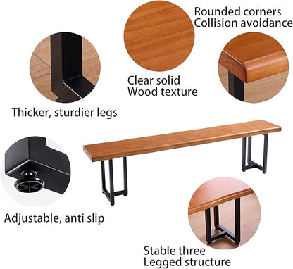 Durable Solid Wood Top Bench with Metal Triangular Legs – Stylish Long Dining Bench for Home, Office, Restaurant & Patio (Wooden Brown Bench, 70.87in)