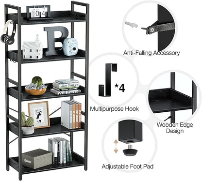 Rolanstar Bookshelf 5 Tier with 4 Hooks, Industrial Wood Bookcase, Vintage Storage Rack with Open Shelves, Rustic Standing Bookshelves Metal Frame Display Rack for Living Room, Bedroom, Black
