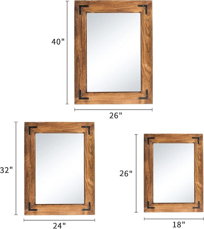YOSHOOT Rustic Wooden Framed Wall Mirror, Natural Wood Bathroom Vanity Mirror for Farmhouse Decor, Vertical or Horizontal Hanging, 32" x 24", Brown