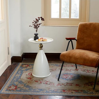 Small Round Side Table for Small Spaces, White Pedestal Modern Couch End Tables for Living Room, Unique Accent Sofa Drink Table Metal Martini Tables for Recliner, Bedroom
