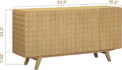 NTC Sapa Mid-Century Modern Solid Wood Sideboard – 4-Door Accent Buffet Cabinet with Carved Geometric Fronts, for Living Room, Dining Room, or Entryway, Effortless Assembly, Sand