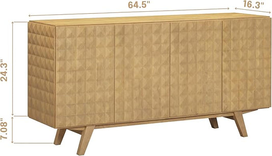 NTC Sapa Mid-Century Modern Solid Wood Sideboard – 4-Door Accent Buffet Cabinet with Carved Geometric Fronts, for Living Room, Dining Room, or Entryway, Effortless Assembly, Sand