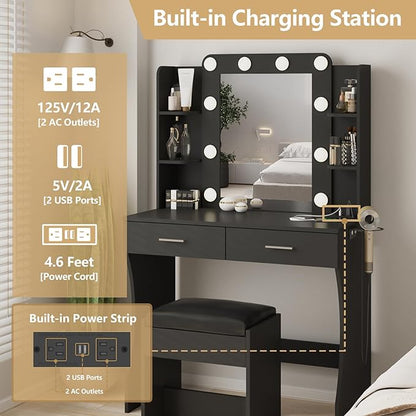 Vabches Vanity Desk with Lights,Makeup Vanity with Power Strip,Dressing Table Set with 2 Large Drawers,Vanity Mirror 3 Lighting Color Adjustable,Black