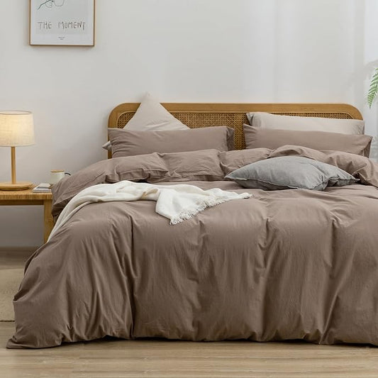 BESTOUCH Duvet Cover Set 100% Washed Cotton Linen Feel Super Soft Comfortable Chic Lightweight 3 PCs Home Bedding Set Solid Pine Bark Brown Queen