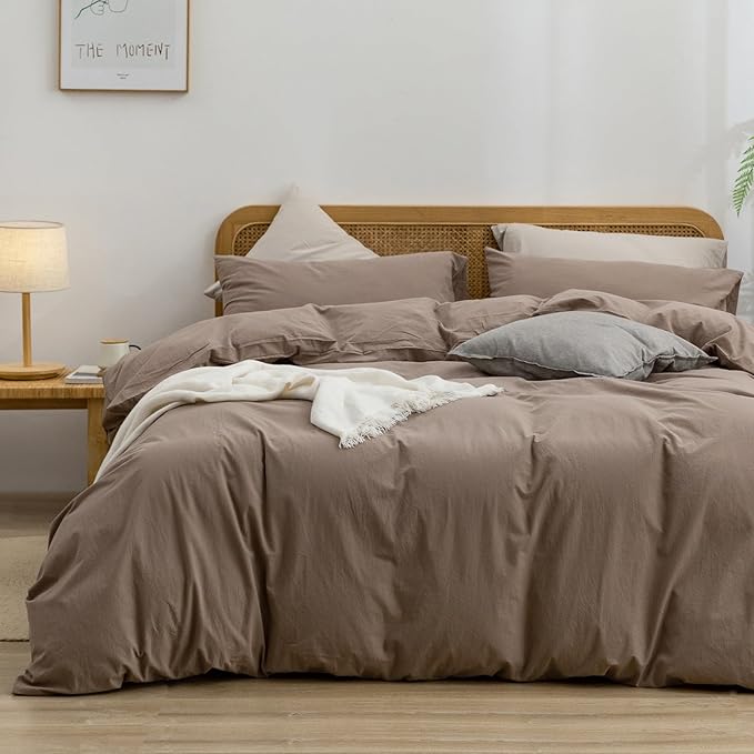 BESTOUCH Duvet Cover Set 100% Washed Cotton Linen Feel Super Soft Comfortable Chic Lightweight 3 PCs Home Bedding Set Solid Pine Bark Brown Full/Double