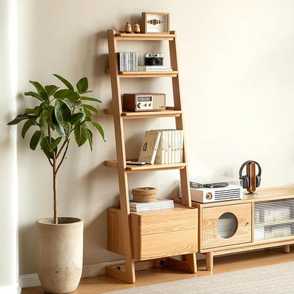 100% Solid Wood 5 Tier Ladder Shelf, Narrow Ladder Bookshelf with Drawers, 63.78" Tall Wood Bookcase Storage Rack Organizer, Freestanding Storage Shelve for Living Room Bedroom
