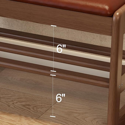 Shoe Rack Bench with Leather Cushion,2 Tiers Shoe Bench with Flip-Top Storage,Wood Shoe Rackh for Entryway,Hallway（Orange,31.5"）