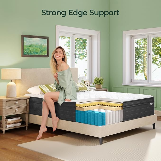 12 Inch King Size Mattress in a Box for Back Pain, Medium Firm Feel Fiberglass Free Hybrid Mattress with Individual Pocket Springs and Pressure-Relieving Memory Foam, 120-Night Trial