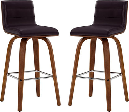 Armen Living Vienna 26" Swivel Counter Stool in Walnut Wood Finish with Brown Faux Leather - Set of 4