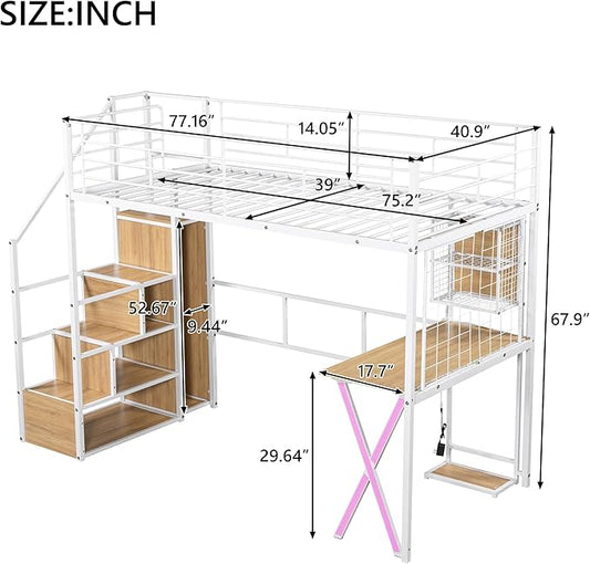 Merax Twin Size Metal Loft Bed with Built-in Work Station, Wardrobe, Storage Staircase and LED, Gaming Bed for for Kids Teens Adults, Full-Length Guardrails, No Box Spring Needed, White