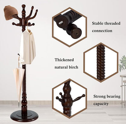 Coat Rack Stand, Solid Wooden Coat Tree with 11 Hooks, Heavy Duty Coat Rack Freestanding with Sturdy Round Base, Natural Birch Wood Coat Hanger Stand for Entryway Bedroom (Circular)