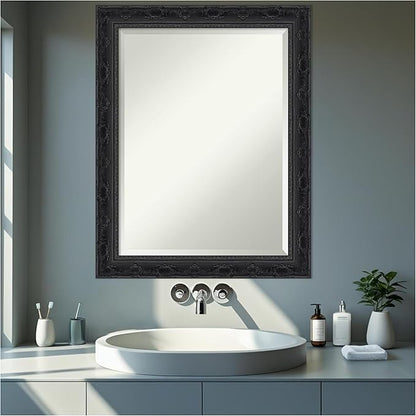 Amanti Art Bathroom Mirror for Over Sink, 29x23 Filigree Gloss Black Rectangle Vanity Mirror, Medium Traditional Frame, Hangs Horizonally and Vertically, Bathroom Wall Decor, Beveled Edge