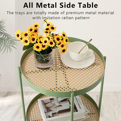 TeoKJ All Metal Side Table, 2 Tier Anti Rust End Table with Imitation Rattan Pattern on Removable Trays, Round Table for Living Room, Small Nightstand for Bedroom 20.47 Inch x 16.54 Inch Green