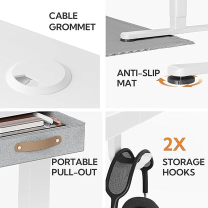 Seang Standing Desk with Drawer, 55" x 24" Height Adjustable Stand Up Desk, 3 Memory Height Settings with Cable Grommets & Storage Hooks, Ideal for Home & Office, White