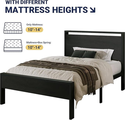Allewie Twin Size Platform Bed Frame with Wooden Headboard and Footboard, Heavy Duty Metal Slats Support, No Box Spring Needed, Under-Bed Storage, Noise Free, Easy Assembly, Black Oak