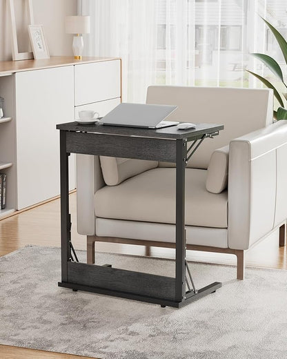 Tatub 24" Wide Folding C-Shaped End Table, Small Side Desk for Couch, Sofa TV Tray Table with Metal Frame for Living Room, Bedroom, Light Gray