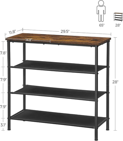 VASAGLE Shoe Rack, 4-Tier Shoe Storage Organizer for Entryway and Closet, Holds 9-12 Pairs of Shoes, 3 Fabric Shelves, Steel Frame, Industrial, Rustic Brown and Black ULBS035B01