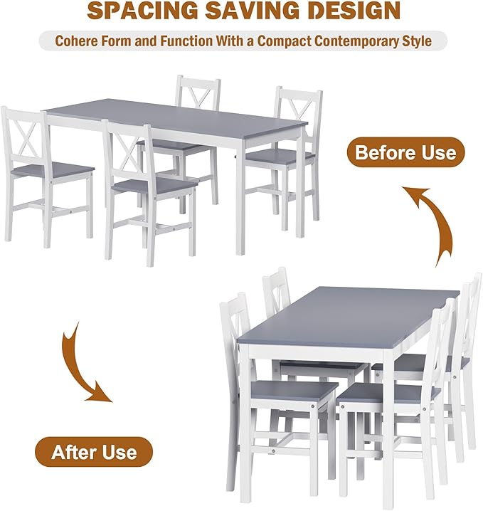soges 5 Pieces Dining Table Set with 4 Chairs, 47.2 inch Kitchen Pine Wood Table for 4, Rectangular Dining Table Furniture Set for Kitchen, Dining Room, Dinette, White & Grey
