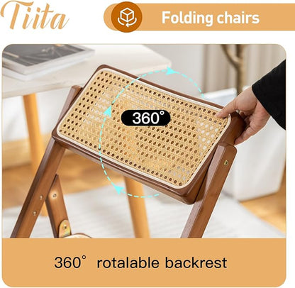 Tiita Rattan Dining Chairs Set of 2, Mid Century Modern Folding Chair, Bamboo Folding Dining Chairs for Small Space, Dining Room, Living Room, Bedroom, Walnut