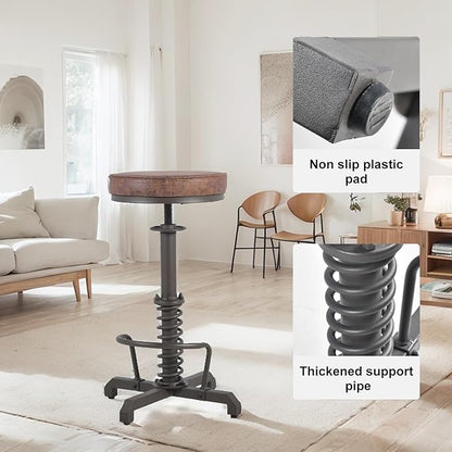American Antique Steampunk Bar Stool 24.41"-28.35" Vintage Industrial Adjustable Swivel Backless Counter Stool for Home, Dining, Breakfast, Pub, (Heavy Duty Metal & Faux Leather, Brown & Maroon Top)