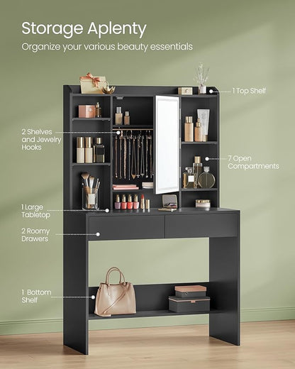 VASAGLE Vanity Desk with Mirror and Lights, Makeup Vanity with Upholstered Vanity Stool, Dimmable LED Lights, Adjustable Shelves, 7 Compartments, 2 Drawers, for Bedroom, Ink Black URDT131B01