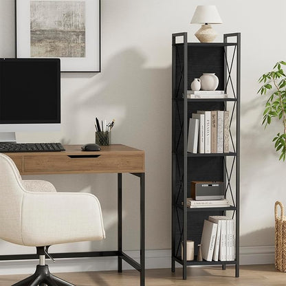 Homhedy 5 Tier Bookshelf Bookcase, Tall Narrow Bookshelf for Small Space, Metal Storage Shelves with Back Panel, for Home Office, Living Room, Kitchen, Bedroom, Industrial Style, Black