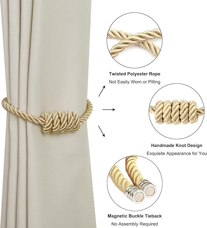 BEL AVENIR Magnetic Curtain Tiebacks, Decorative Drapery Holdbacks Modern Woven Tie-Backs with Exquisite Knot (Gold, 6 Pack)