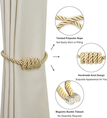 BEL AVENIR Magnetic Curtain Tiebacks, Decorative Drapery Holdbacks Modern Woven Tie-Backs with Exquisite Knot (Gold, 2 Pack)